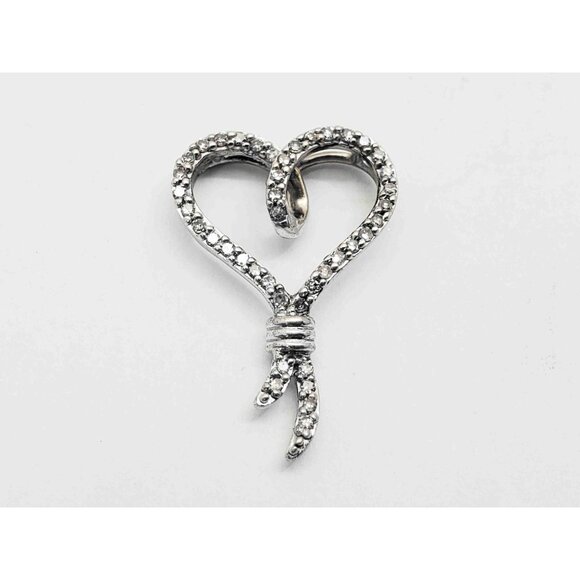 0.42 ctw Diamond Open Heart Ribbon Knot Charm Pendant 14k White Gold - Picture 1 of 5